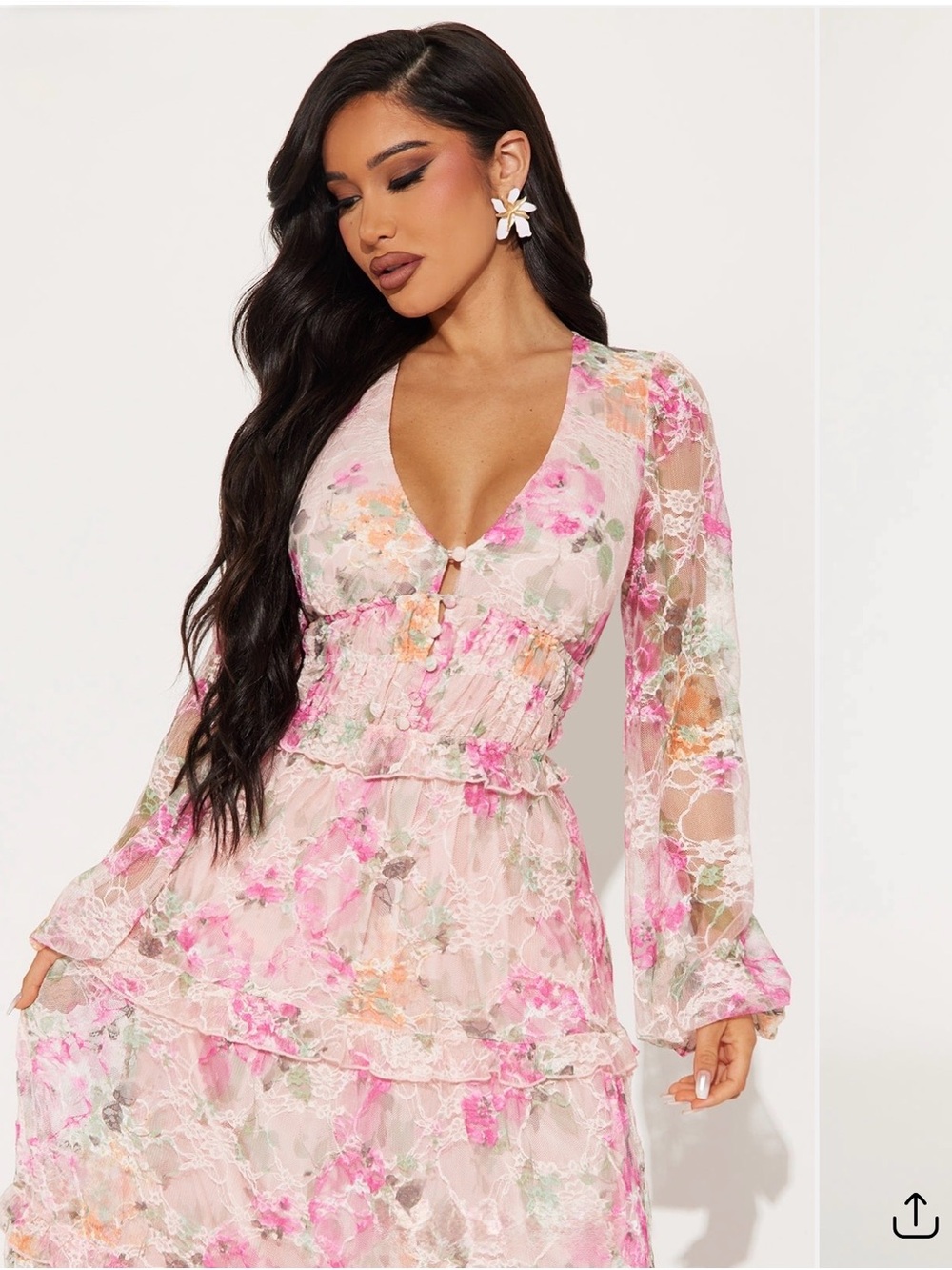 Fashion Nova Blush Floral Lace Tiered Maxi Dress